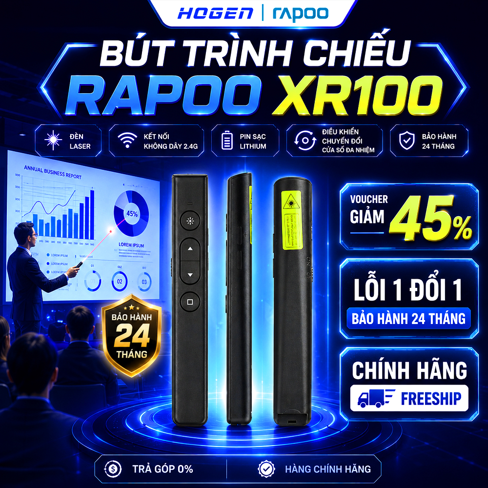 Bút trình chiếu Rapoo XR100 | Đèn Laser Đỏ:100M | Pin sạc Lithium:56h | Kết nối không dây 2.4G | Bảo hành 2 năm