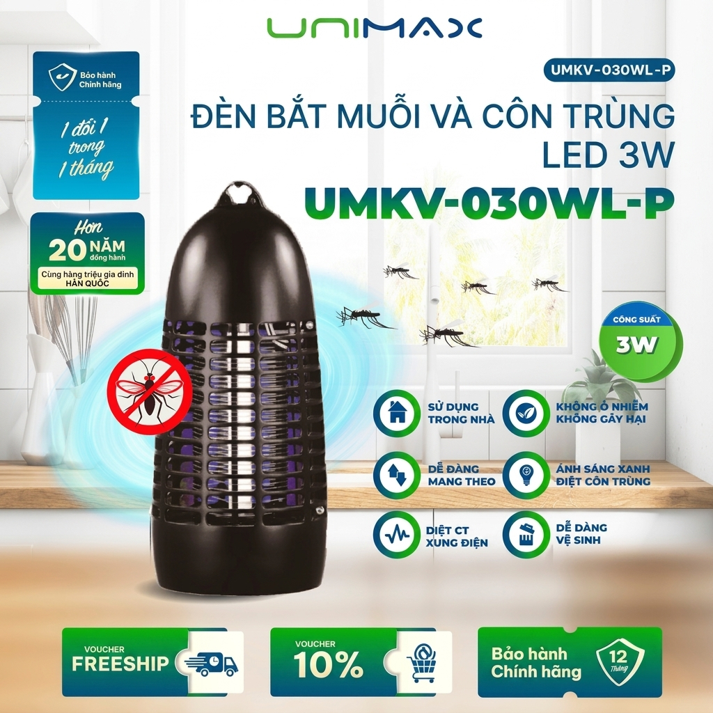 Đèn Bắt Muỗi Ruồi Và Côn Trùng Thông Minh Unimax UMKV-030WL, Ánh Sáng Xanh, Tiết Kiệm Điện, Bảo hành 1 năm