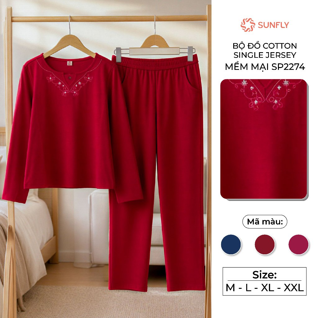 Bộ đồ trung niên thu đông áo dài quần dài cotton compact mềm mịn màu trơn SUNFLY SP2274
