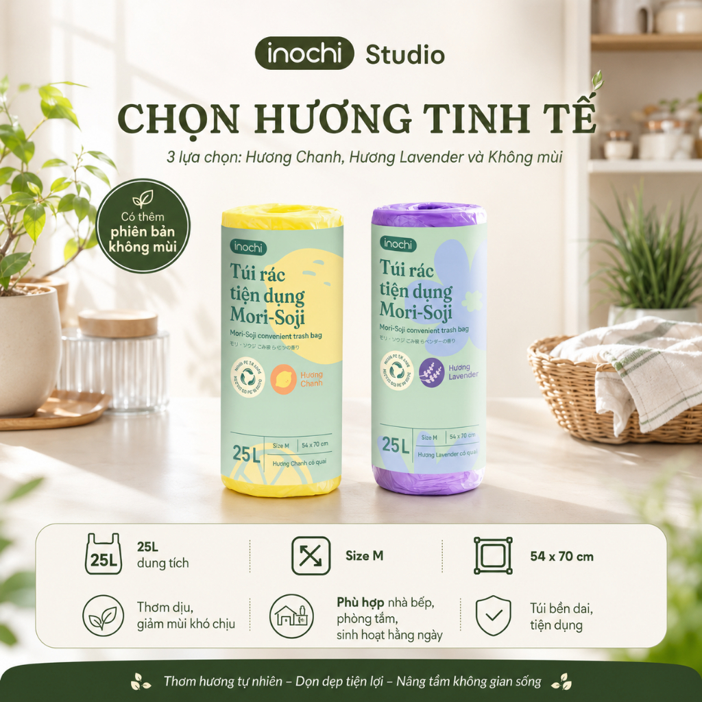 Túi rác tiện dụng Mori có quai hương Inochi, hương lavender, hương chanh tiêu chuẩn xuất khẩu