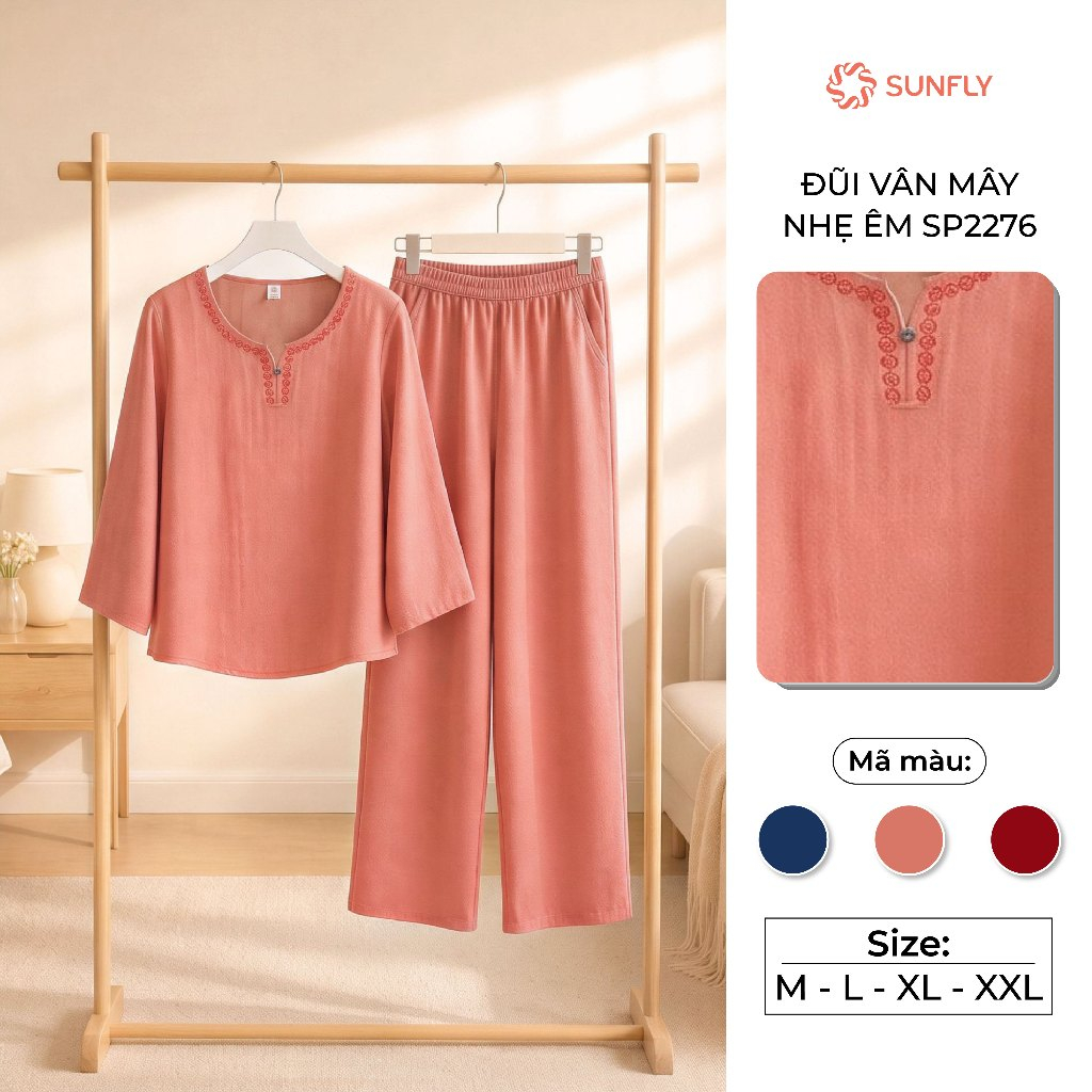 Bộ đồ trung niên thu đông áo tay lỡ quần dài đũi vân mây màu trơn SUNFLY SP2276
