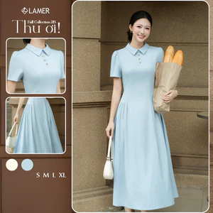 Đầm Dáng Dài Xoè LAMER Cổ Đức Tay Bồng Nhún Eo Tôn Dáng Váy Công Sở Thanh Lịch BSTT L63L26H038