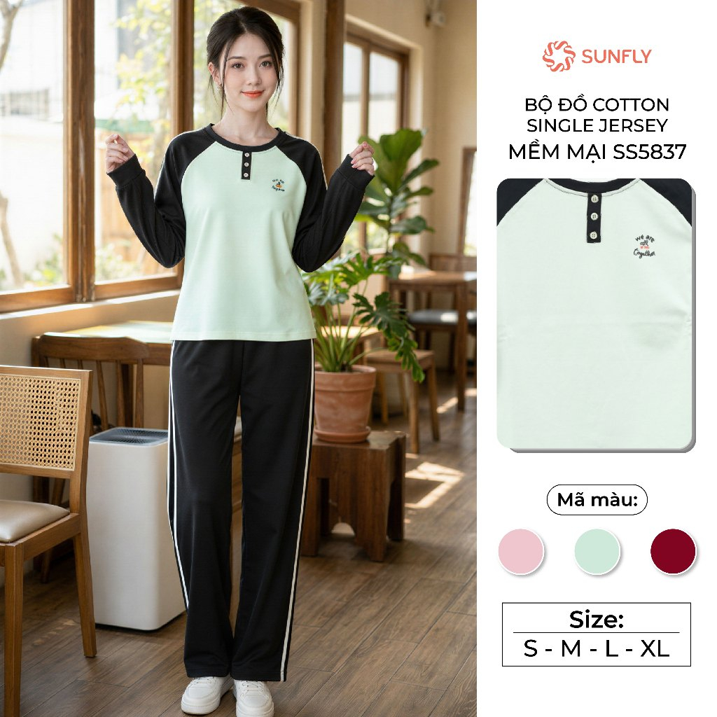 Bộ đồ nữ thể thao thu đông áo dài quần dài cotton compact trendy, năng động SUNFLY SS5837