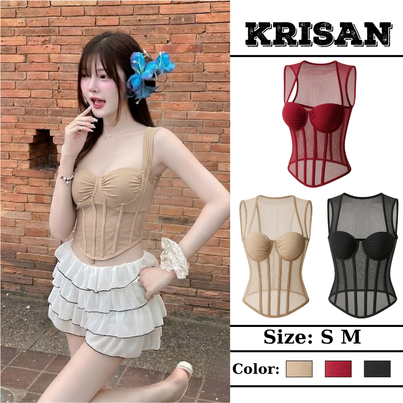 Áo Corset Nữ KRISAN Lưới Xuyên Thấu Phối Mút Ngực Form Ôm Body Tôn Dáng Gợi Cảm Mặc Đi Chơi Tiệc Club Cafe Hot Trend