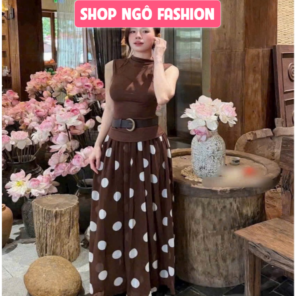 Set váy dài - (KO KÈM NỊT) Set áo thun cổ tròn sát tay phối váy voan ánh kim chấm bi dáng xòe dài