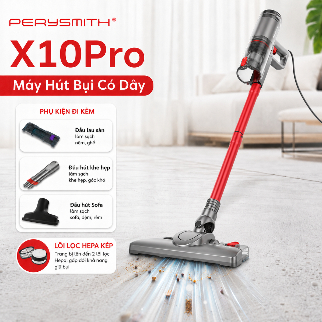 Máy Hút Bụi Có Dây PerySmith X10Pro Lực Hút Mạnh 21.000 Pa, Công Suất 600W, Gọn Nhẹ 1Kg