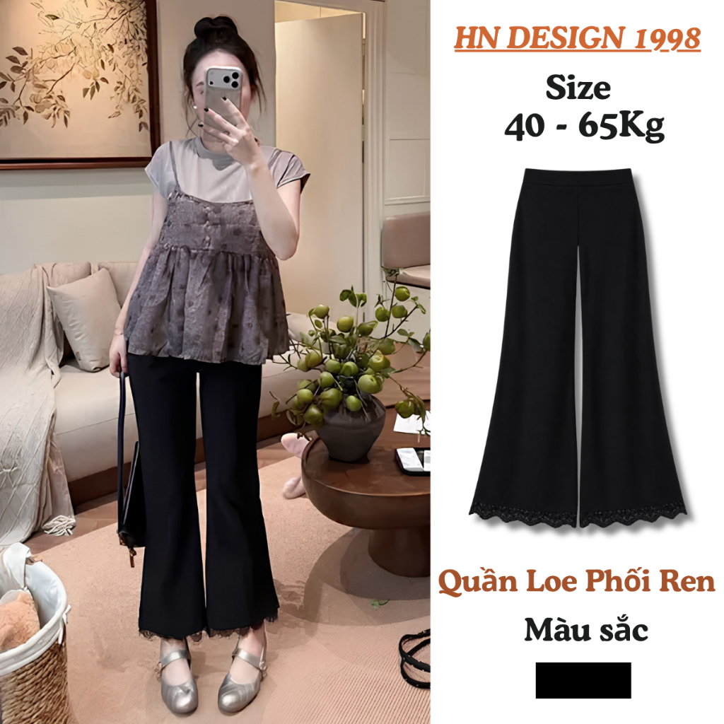 Quần Ống Loe Phối Ren Dáng Nấm 90-100cm Vải Umi Cao Cấp Thời Trang Nữ Hottrend HN DESIGN