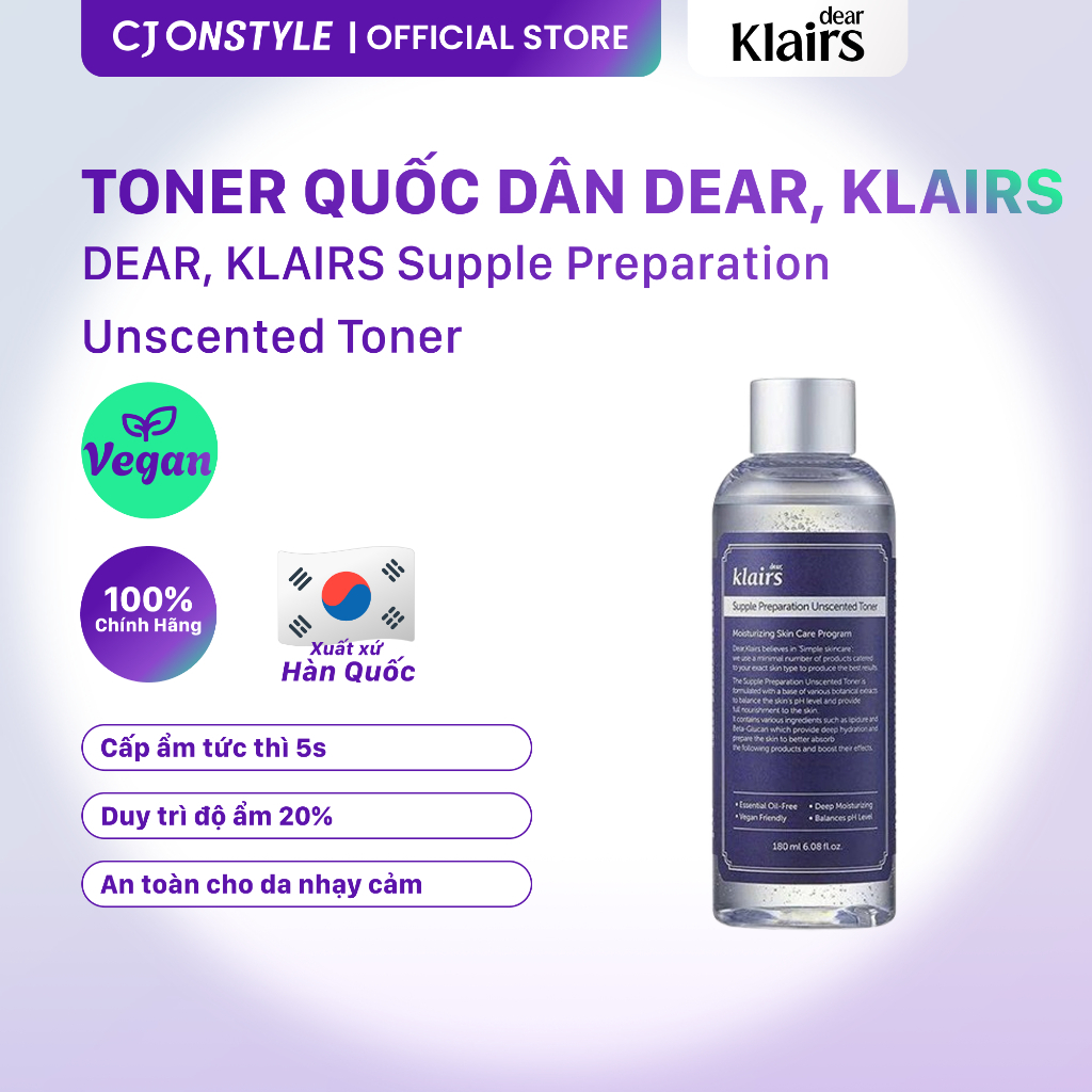 Nước hoa hồng Dear, Klairs Supple Preparation Unscented Toner quốc dân, dưỡng ẩm sâu 180ml