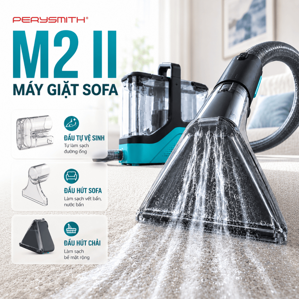 Máy giặt hút PerySmith M2 II Diệt Khuẩn, Bình Nước 2L, Lực Hút 19k PA