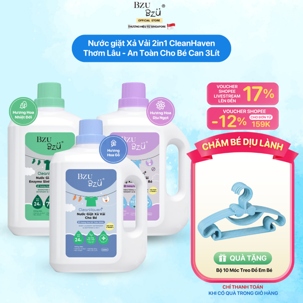 Can 3 Lít Nước Giặt Xả Vải BZU BZU Cho Bé Sơ Sinh Thơm Lâu - An Toàn Cho Bé CleanHaven 3 Mùi Hương | BigBuy360 - bigbuy360.vn
