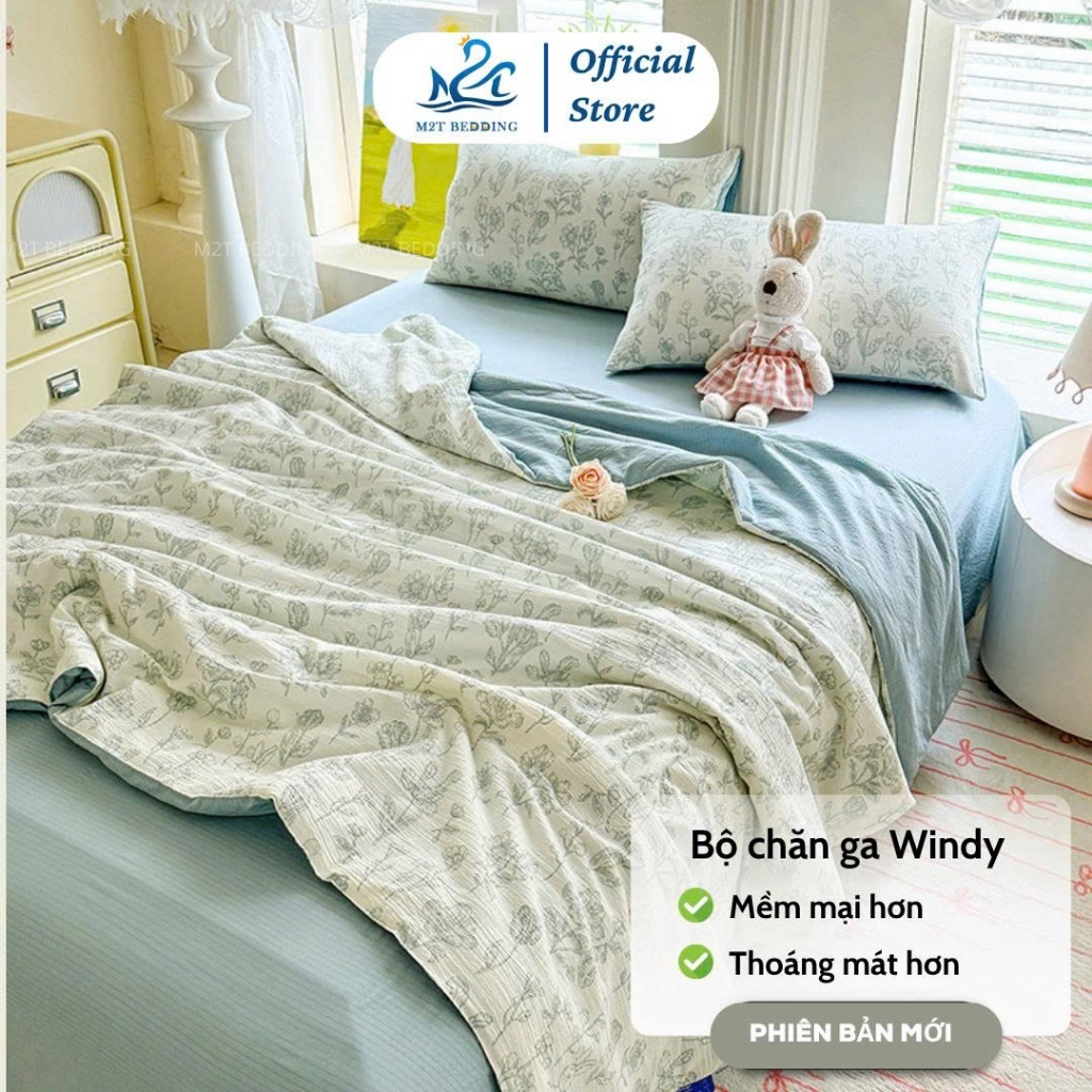 Bộ Chăn Ga Gối Đũi Windy M2T Bedding Gồm Ga Giường 2 Vỏ Gối Và Chăn Chần Bông Hè Mềm Mại Thoáng Mát