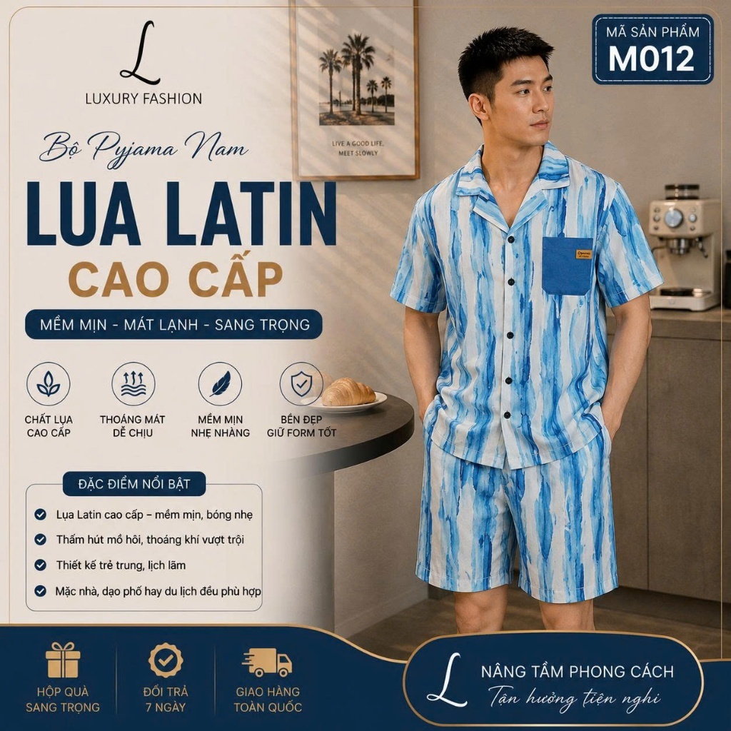 Bộ Pijama Nam LUXURY FASHION lụa Latin cao cấp tay ngắn mềm mát mặc nhà mặc ngủ thoải mái - Sọc xanh trắng M012