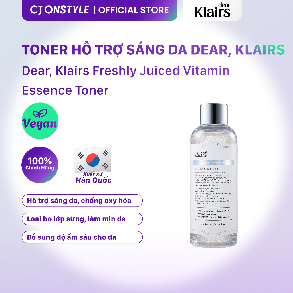 Nước hoa hồng Dear, Klairs Freshly Juiced Vitamin Essence Toner hỗ trợ làm sáng da 180ml
