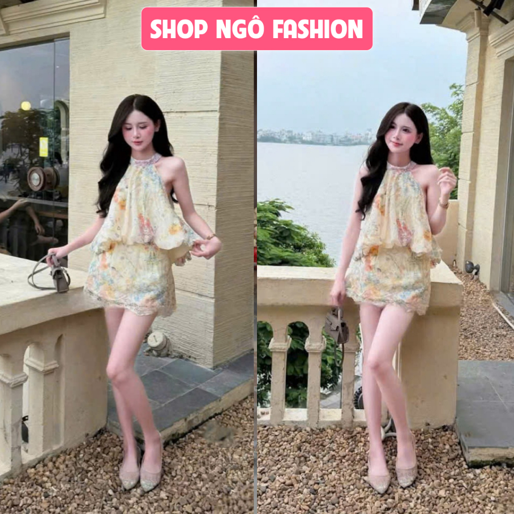 Set váy ngắn - Set xô thêu hoa áo yếm bí bồng phối chân váy ngắn thiết kế sang trọng cho nàng đi chơi, dự tiệc