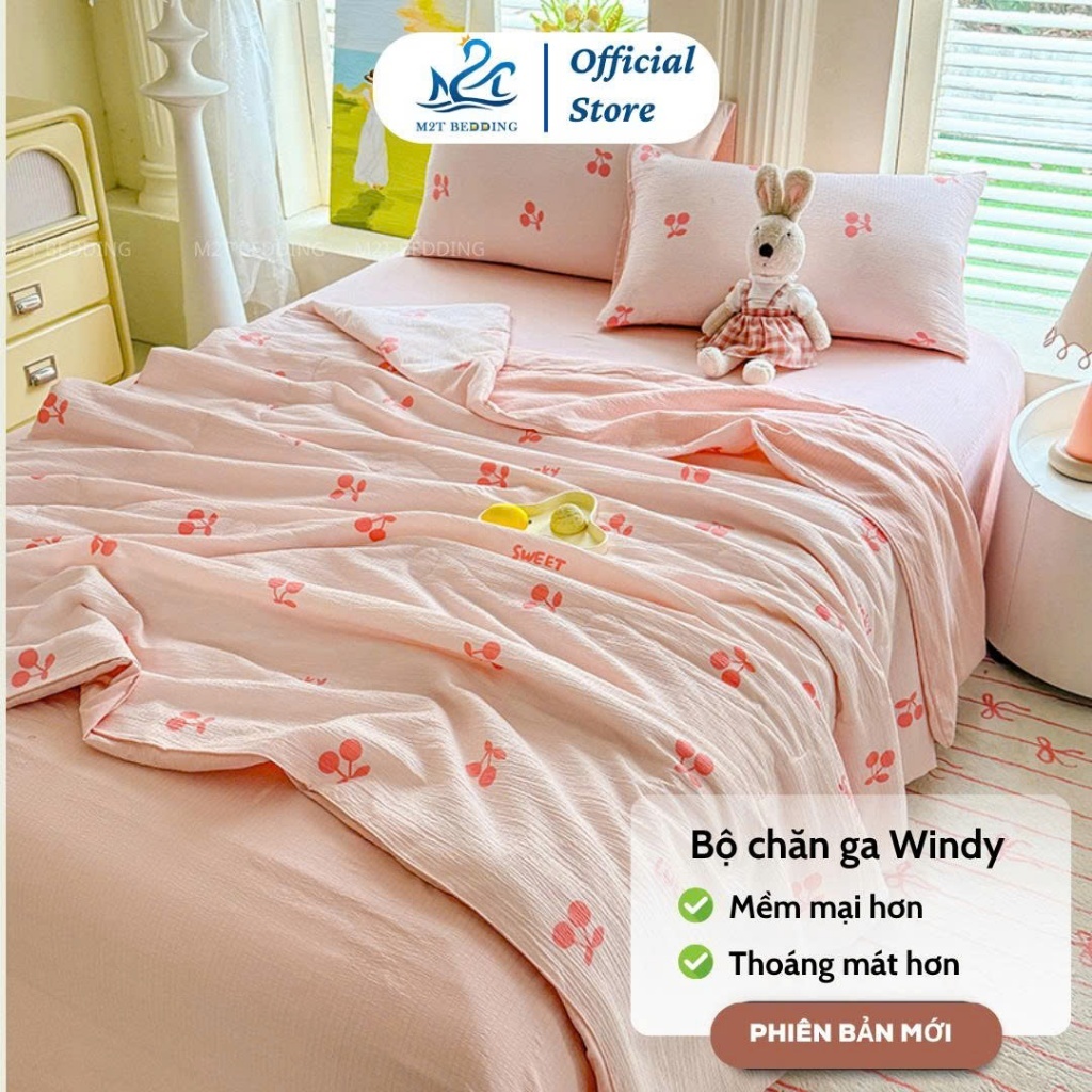 Bộ Chăn Ga Gối Windy M2T Bedding Gồm Ga Giường 2 Vỏ Gối Và Chăn Chần Bông Hè Mềm Mại Thoáng Mát