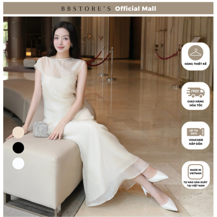 BBSTORE'S Đầm Đi Dự Tiệc Nữ Váy Dài 2 Dây Lụa Phối Tơ Voan Dáng Suông Thiết Kế Cao Cấp Sang Trọng Sang Chảnh - D4462T