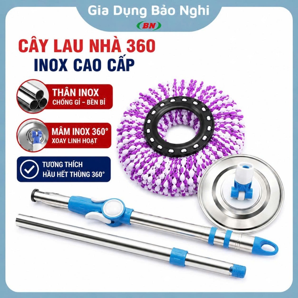Cây lau nhà 360 thân inox cao cấp, phụ kiện cho thùng lau nhà 360 độ