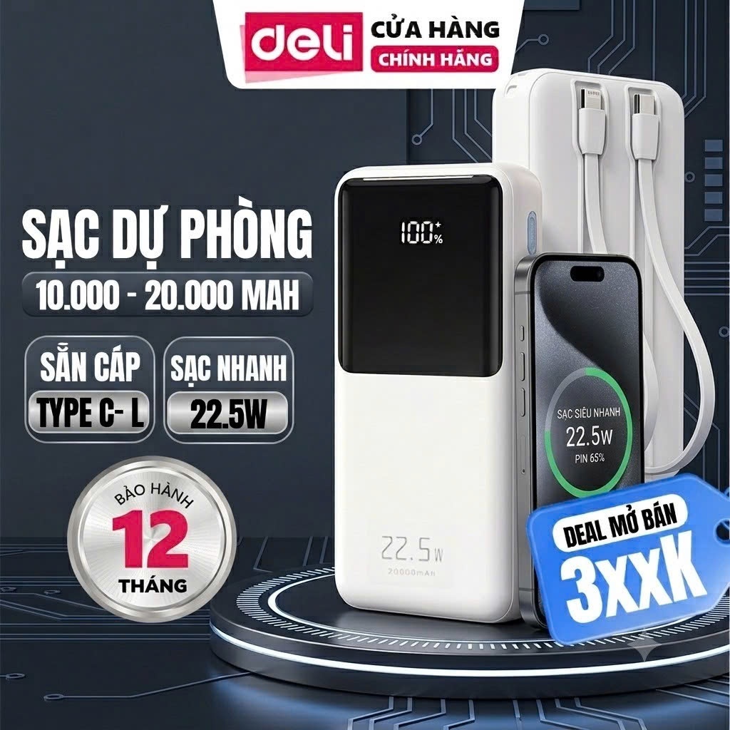 Pin Sạc Dự Phòng 20000mAh DELI PD 22.5W Kèm Dây Sạc USB Type C Sạc Nhanh Cho Quạt Điện Thoại Pad
