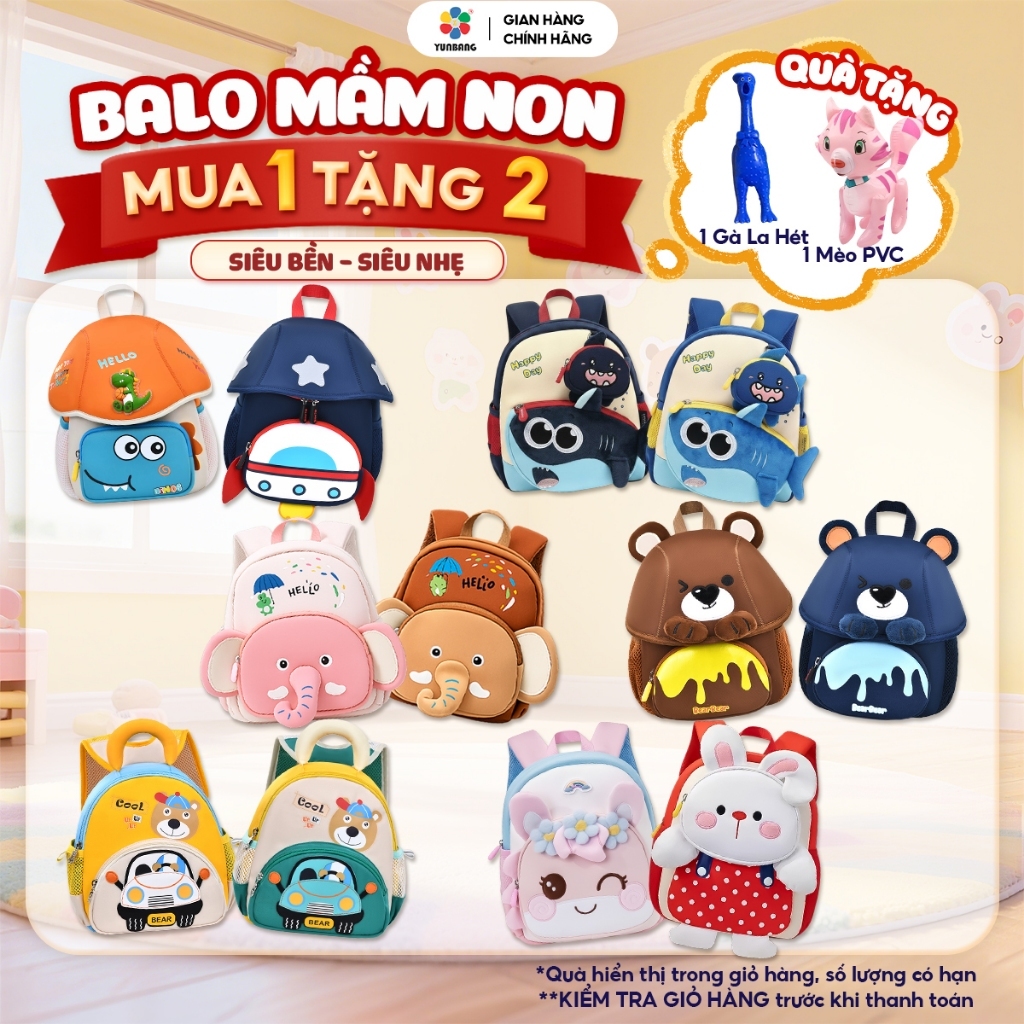 Balo Cho Bé Mầm Non Khủng Long,Voi,Gấu Đáng Yêu Siêu Nhẹ, Cặp Mẫu Giáo Cho Bé Trai, Bé Gái 1-6 tuổi