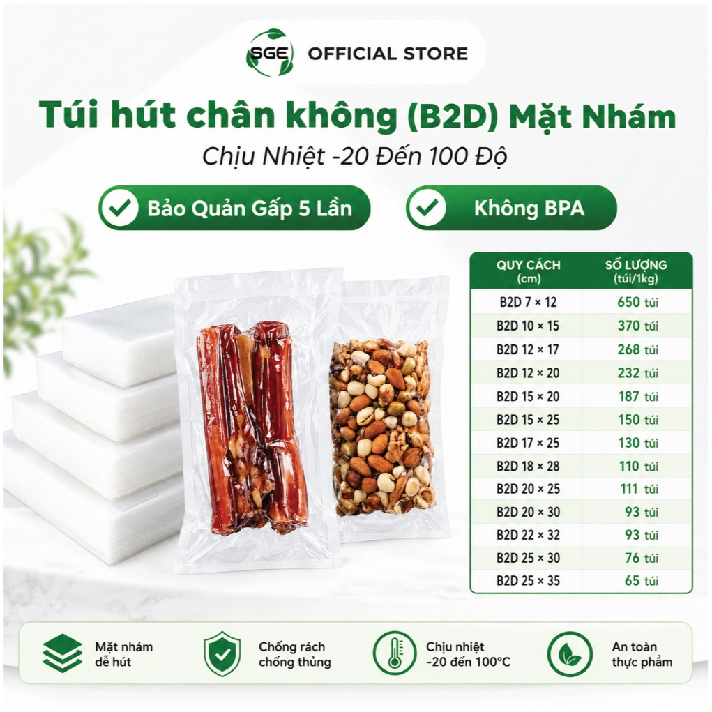 [HÀNG MỚI VỀ] 1kg Túi hút chân không (B2D) Mặt Nhám, TC Chịu Nhiệt -20 Đến 100 Độ, Bảo Quản Thực Phẩm X5 Lần