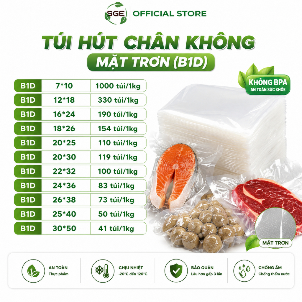 200g- 1kg Túi Hút Chân Không Mặt Trơn SGE (B1D),  Chịu Nhiệt Từ -20 Đến 100 Độ, X5 lần bảo quản thực phẩm