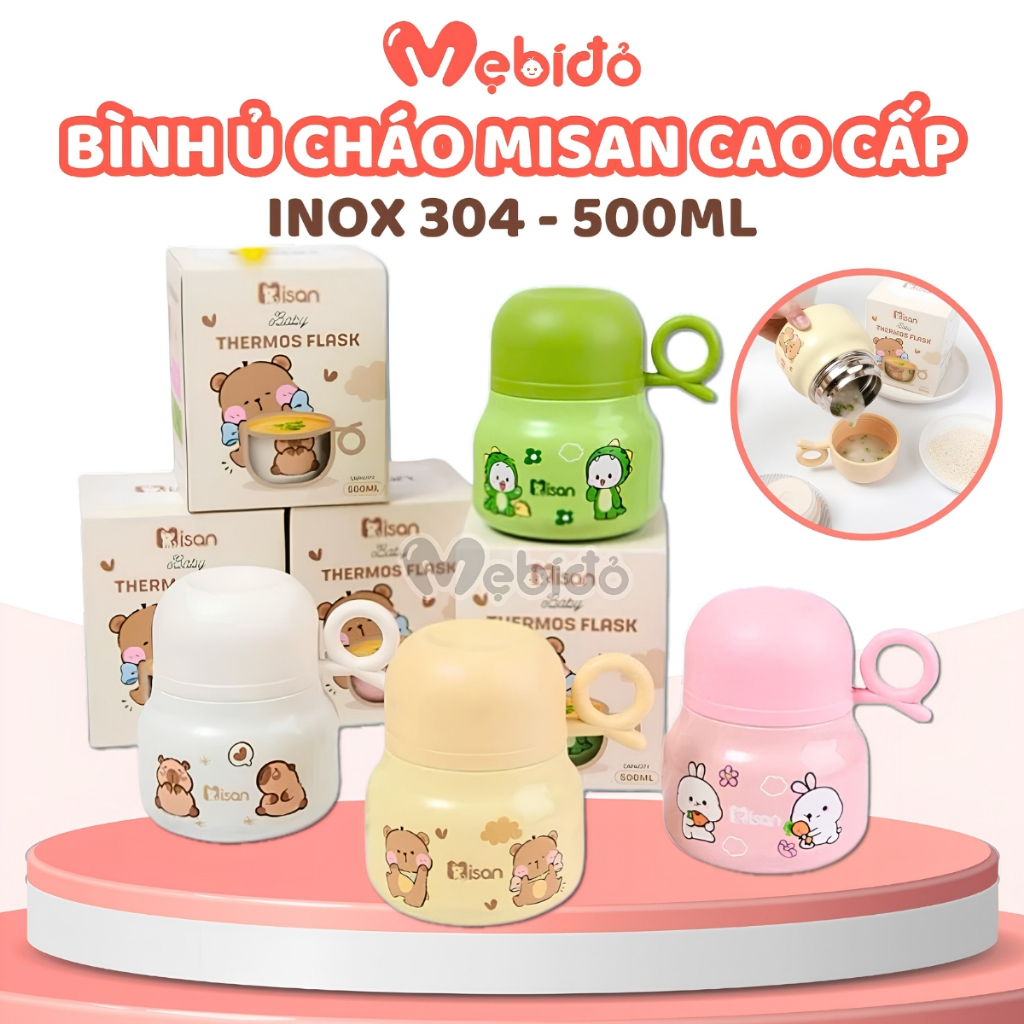Bình Đựng Cháo MISAN Inox 304 Giữ Nhiệt Cho Bé Trai Bé Gái Hình Gấu - Shop Mẹ Bí Đỏ