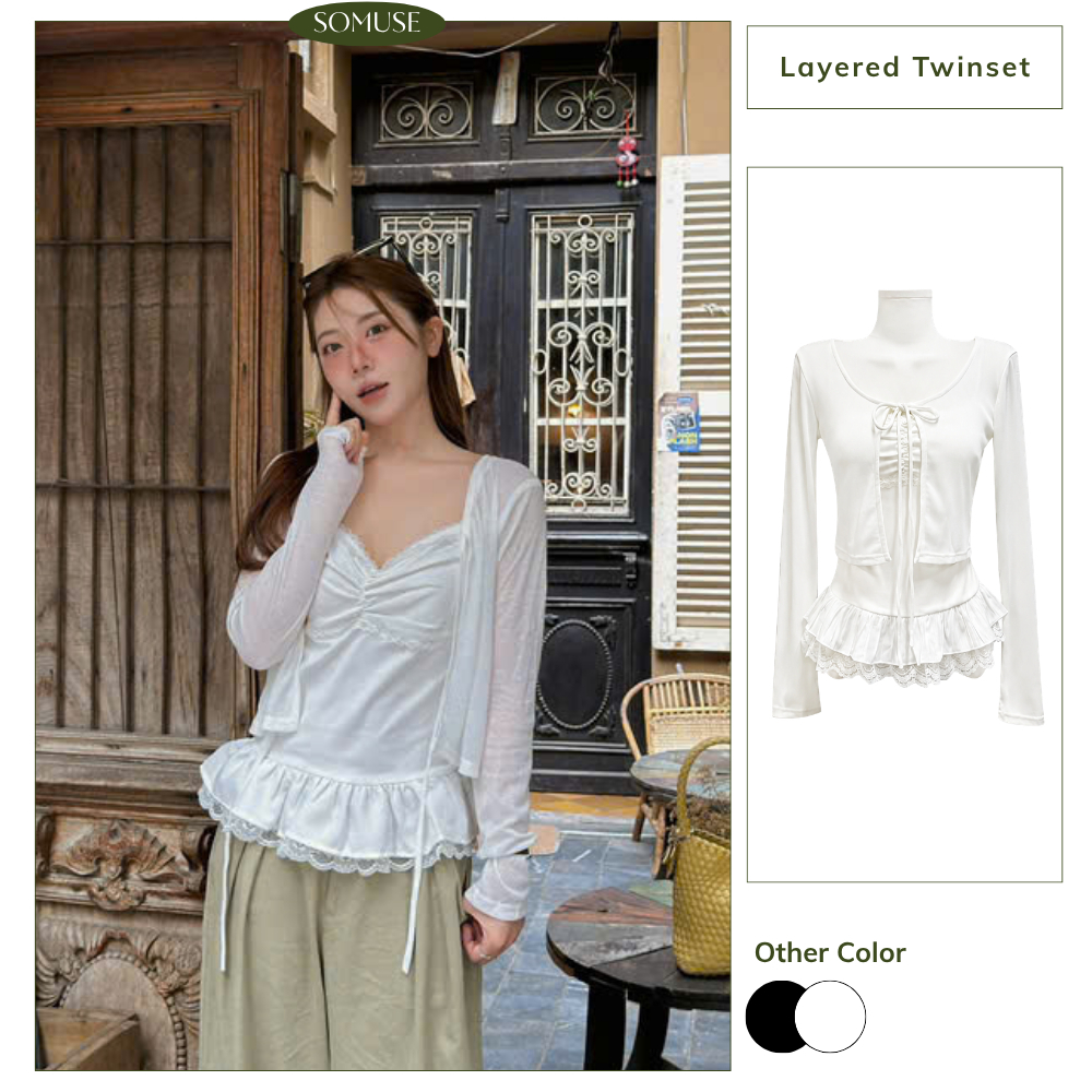 SOMUSE - Set 2 Món Áo Cardigan Dài Tay Cột Nơ, Áo Hai Dây Viền Ren Bèo Nhún Phong Cách Hàn Quốc Co Giãn Hot Trend T19