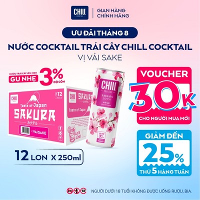 Thùng 12 Lon CHILL VẢI SAKE 250ml, Nước Cocktail Trái Cây Gu Nhẹ 3% Ít Cồn - CHILL COCKTAIL SAKURA