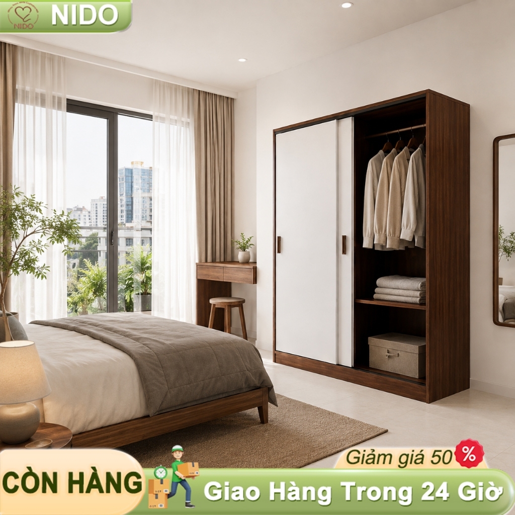 NIDO Tủ quần áo cửa lùa 2 cánh, nhiều ngăn treo đồ, tiết kiệm diện tích, phòng ngủ, trắng nâu