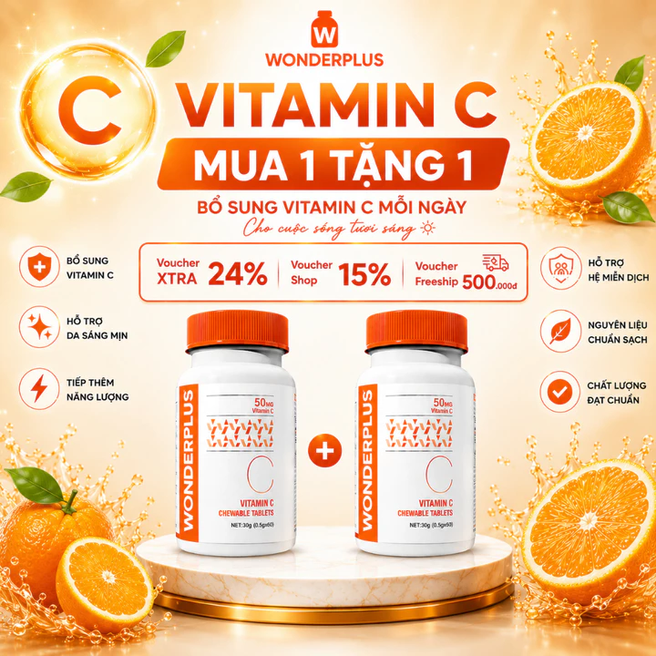 [Mua 1 Tặng 1] Viên Nhai Bổ Sung Vitamin C Wonderplus Hương Cam Giúp Làn Da Rạng Rỡ Tăng Cường Đề Kháng Hộp 60 Viên