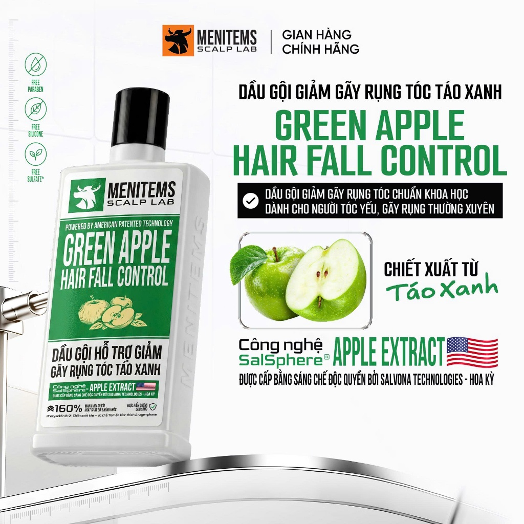 Dầu Gội Ngăn Rụng Tóc Táo Xanh Menitems Scalp Lab Green Apple, Giảm Gãy Rụng, Kích Thích Mọc Tóc Chuẩn Khoa Học 350ml