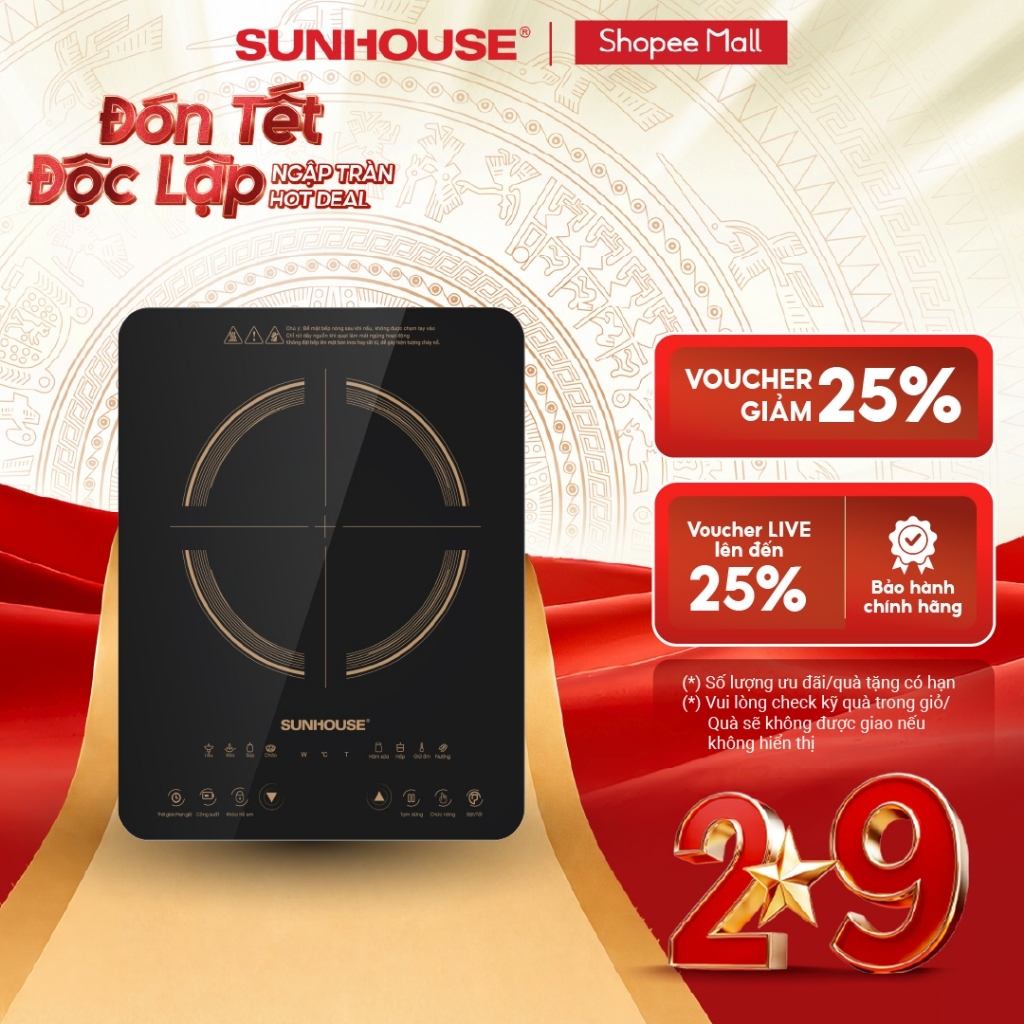 Bếp từ đơn Sunhouse SHD6803 - Công suất 2000W - Bảo hành 12 tháng - 8 chế độ nấu - Nút bấm điện tử | BigBuy360 - bigbuy360.vn