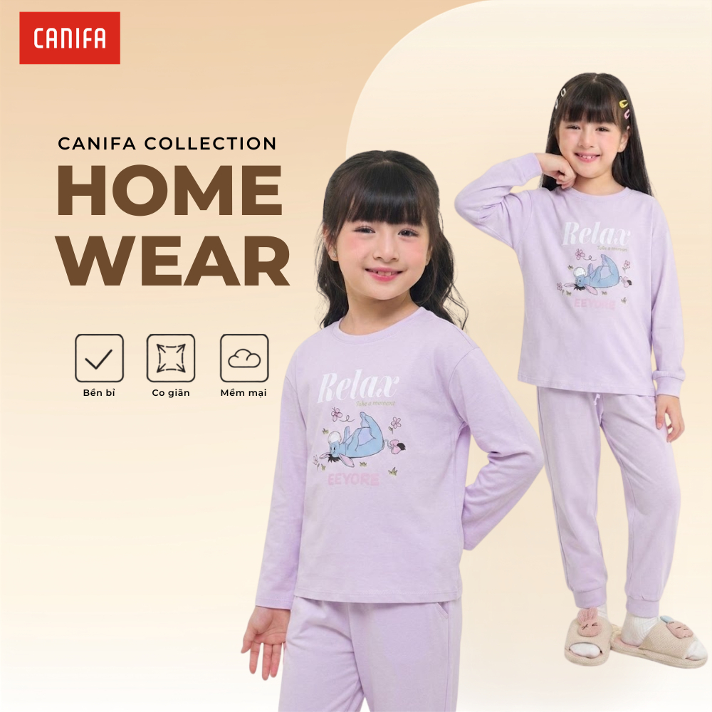 Bộ quần áo bé gái CANIFA mặc nhà cotton in hình dễ thương 1LS26W013