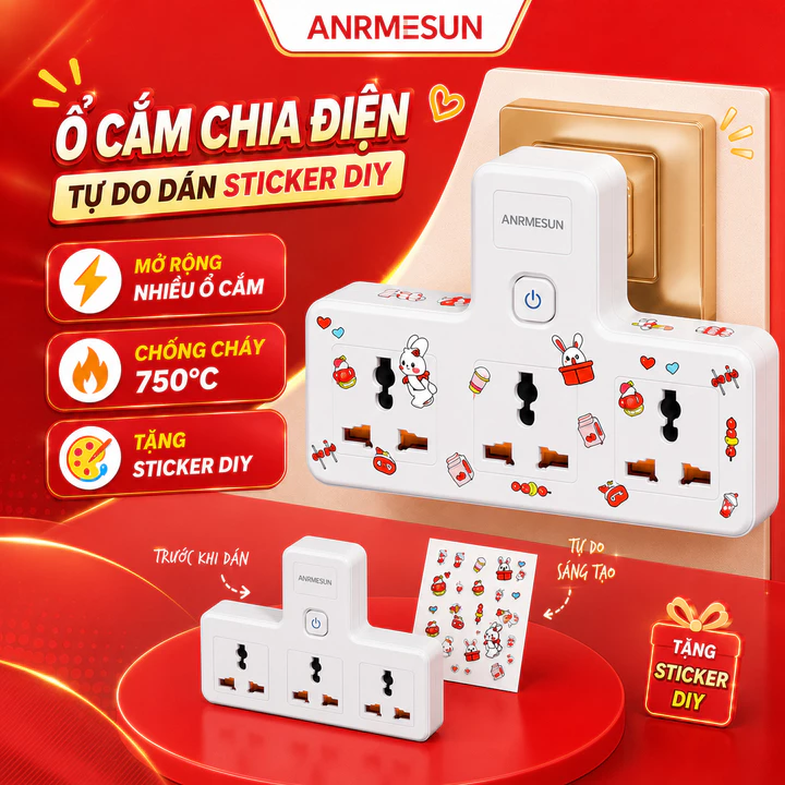 Ổ Cắm Chia Điện ANRMESUN Đa Năng Nhiều Ổ Cắm Sạc Nhanh An Toàn Chống Cháy Tặng Sticker DIY