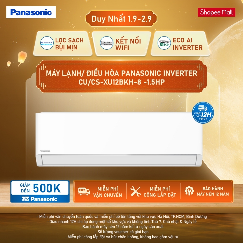 Máy lạnh/Điều hòa Panasonic Inverter CU/CS-XU12BKH-8 -1.5HP-1 chiều-ECO AI