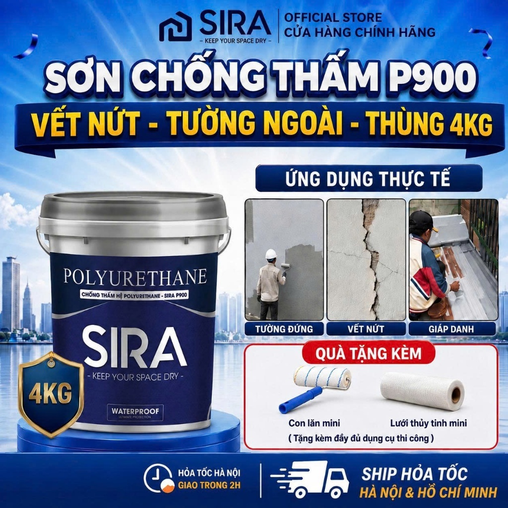 [4kg-15kg] Sơn Chống Thấm Ngoại Thất SIRA P900 - Chống Thấm Tường Đứng Lộ Thiên, Tường Cũ,Sân Thượng