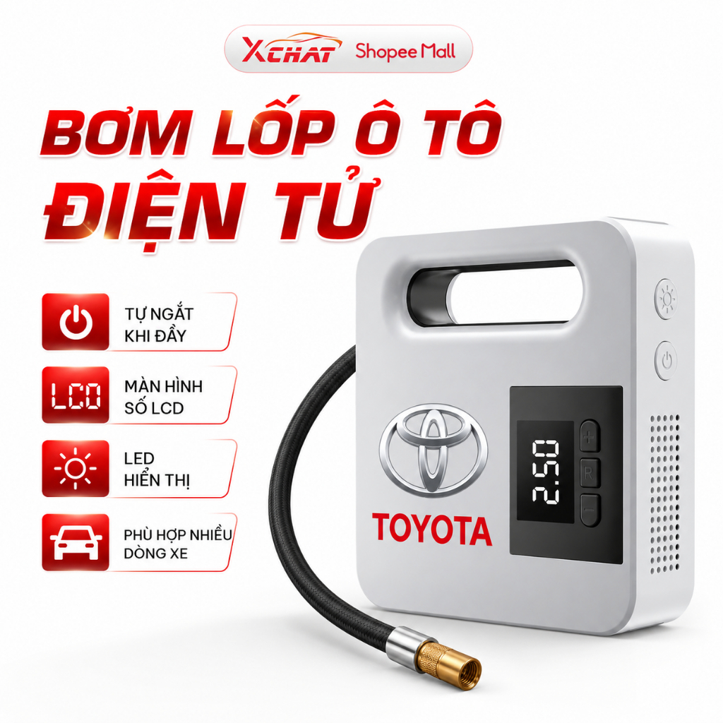 Bơm Lốp Xe Ô Tô Toyota, Đồng Hồ Điện Tử Tự Ngắt Cao Cấp 12V-5A Cắm Tẩu  - Bảo Hành 12 Tháng