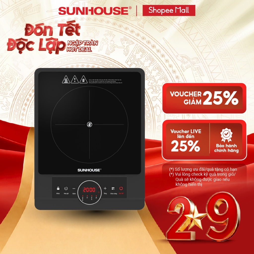 Bếp hồng ngoại Sunhouse SHD6012A - Công suất 2000W - Mặt kính pha lê - Chế độ hẹn giờ - Khóa trẻ em - Đa chức năng | BigBuy360 - bigbuy360.vn