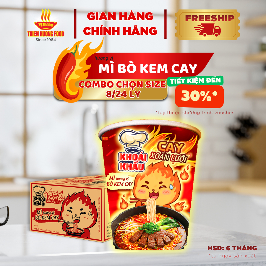 MÌ CAY XOẮN LƯỠI – Mì Khoái Khẩu Hương Vị Bò Kem Cay – 8 ly/24 ly x 67gram/ly