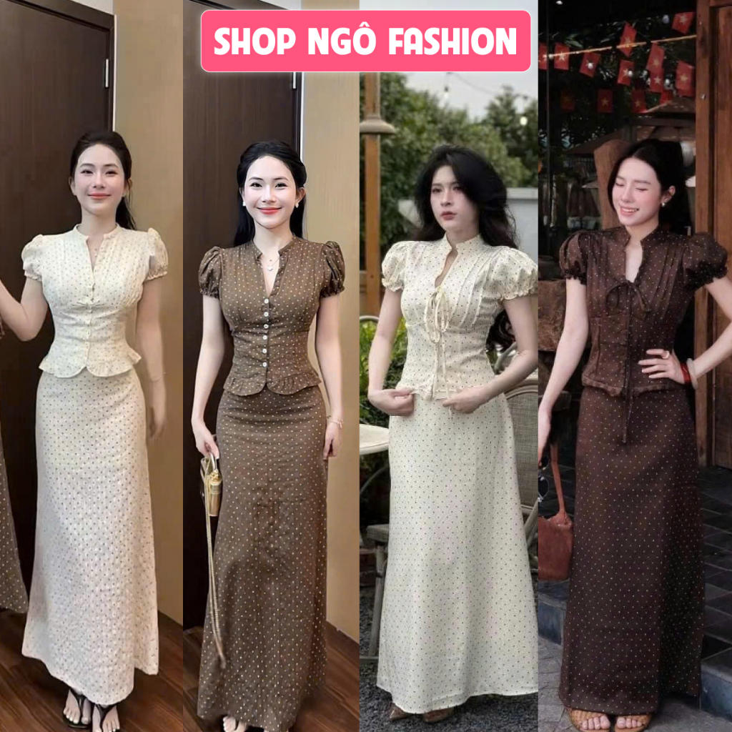 Set váy dài - set nữ áo cổ V tay ngắn phồng nơ dây croptop + chân váy dài xòe 2 màu basic tuyết mưa chấm bi shopngoo