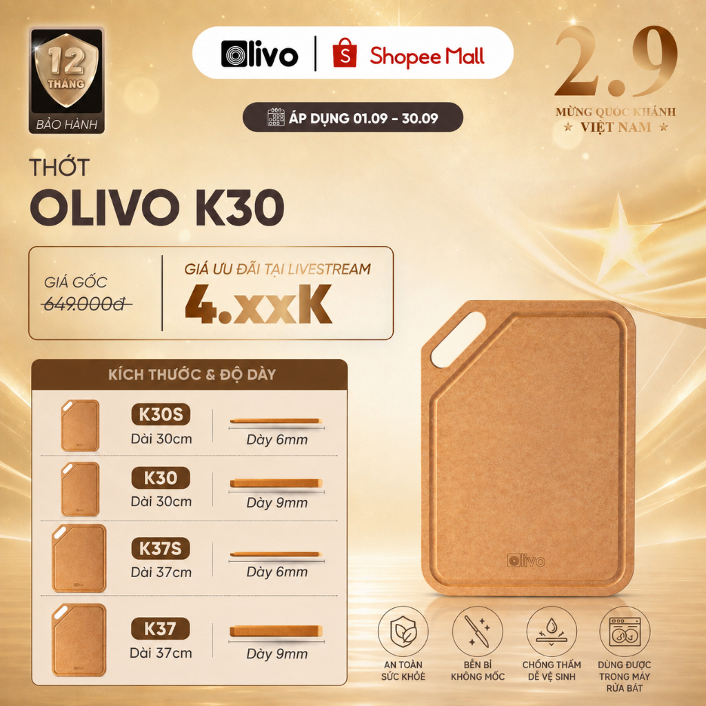 THỚT OLIVO WOOD FIBER K30, K37 – Chống Cong Vênh, Ẩm Mốc, Không Bị Mùi Hôi – Sử Dụng Được Với Máy Rửa Bát