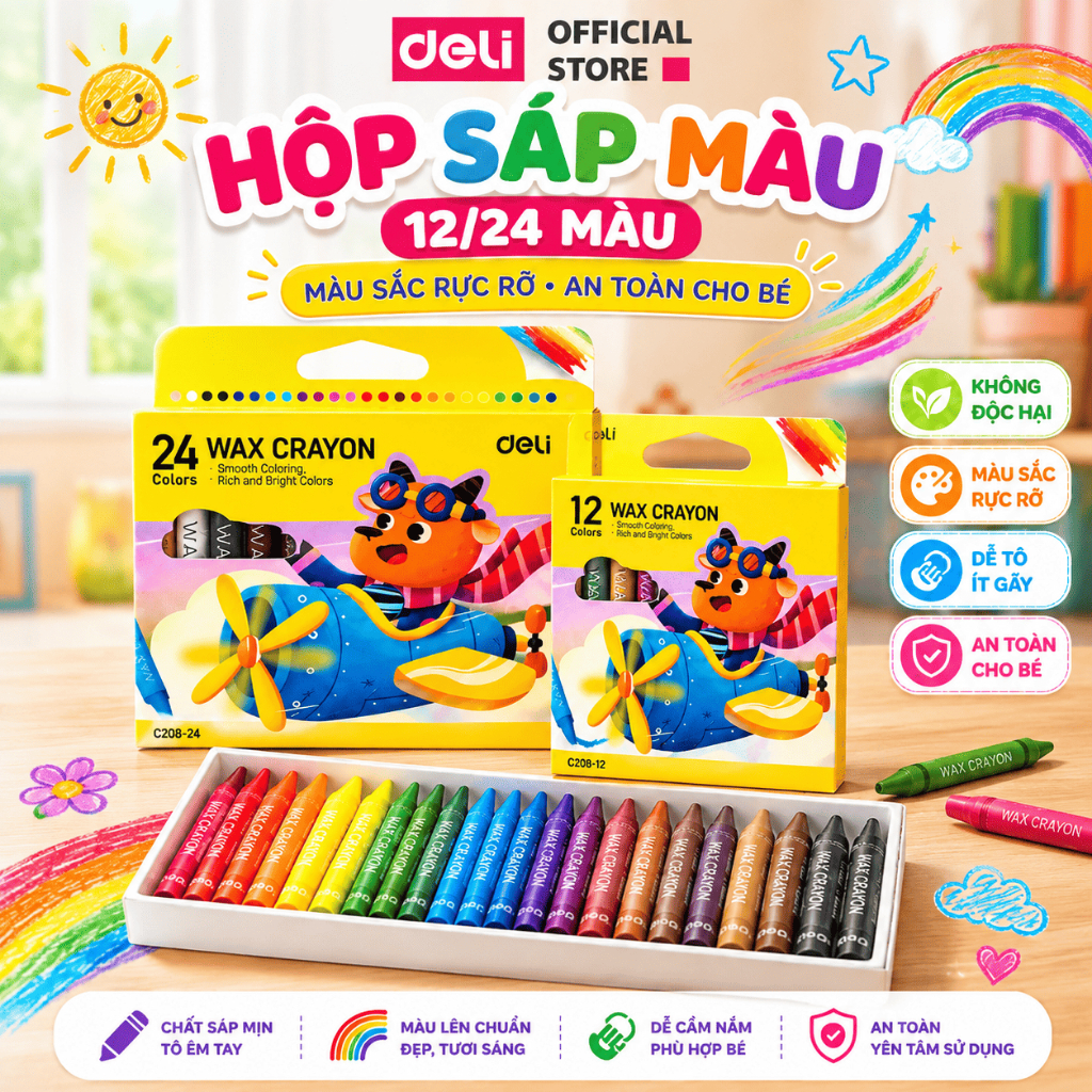 [🔥MUA 3 GIẢM 30%] Bút Sáp Màu Deli 12/24 Màu Chất Liệu An Toàn Cho Bé Màu Sắc Rực Rỡ Tươi Sáng Tập Vẽ Tranh Tô Màu Hồi