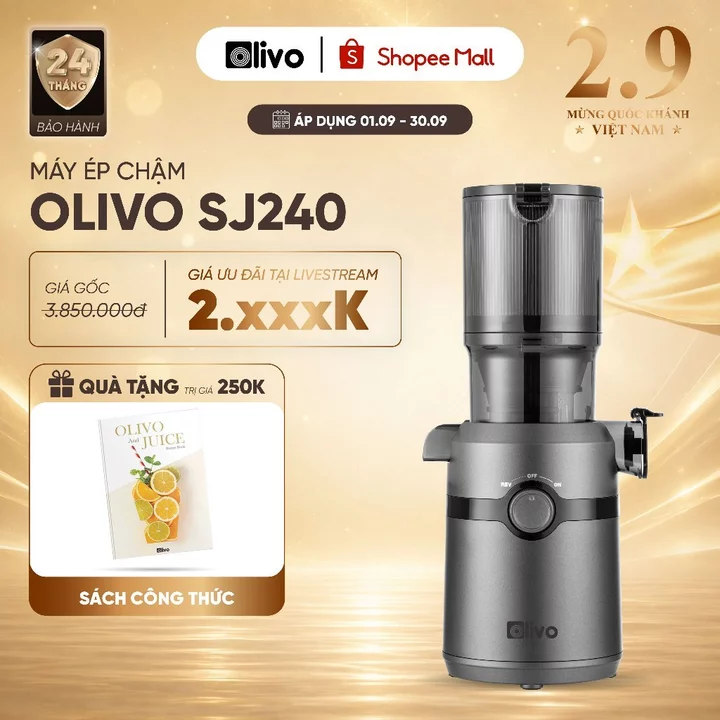 Máy Ép Chậm OLIVO SJ240 - Máy Ép Trái Cây, Rau Củ Kiệt Bã 98% - Làm Kem Hoa Quả - Cổ Ép Rộng - Dễ Vệ Sinh