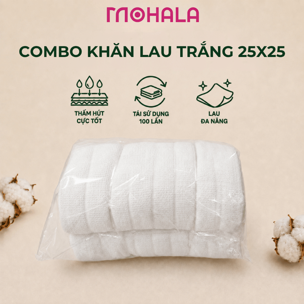 Combo khăn lau bếp vuông trắng 25x25 Mohala cotton cao cấp, khăn lau bếp đa năng làm khăn lau bàn, lau chén, lau tay.