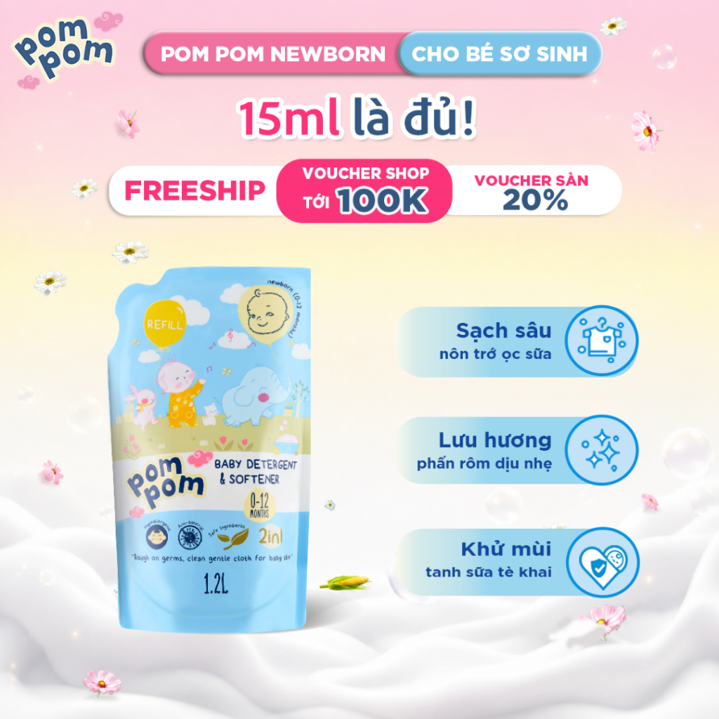 [NEWBORN - SƠ SINH] [1.2L] Nước Giặt Xả Pom Pom 2in1 Hương Phấn Rôm Sạch Vết Nôn Trớ, Dịu Nhẹ Cho Da Bé 15ml Là Đủ