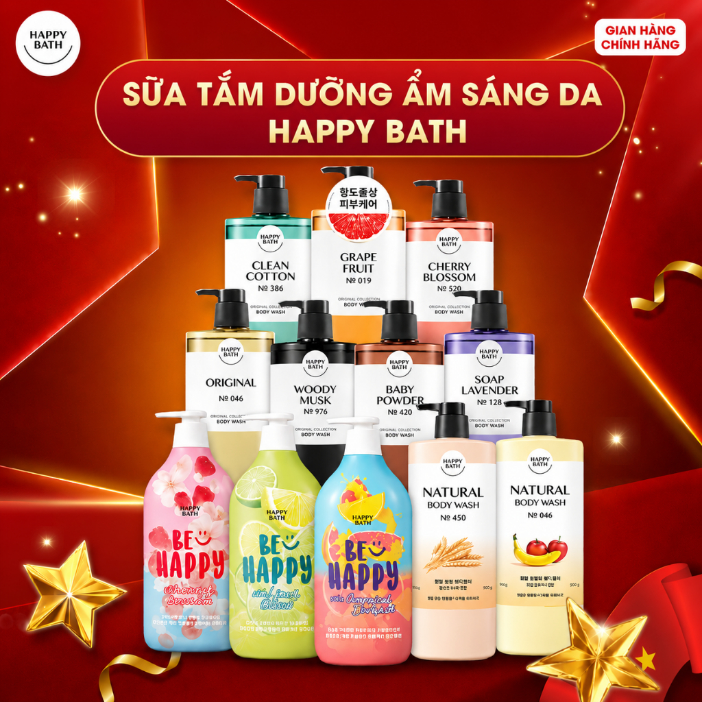 Sữa Tắm HAPPY BATH 900g, 910g Có AHA Giúp Da Đều Màu Trắng Sáng, Sữa Tắm Trắng Da Cấp Ẩm Dung Tích Lớn