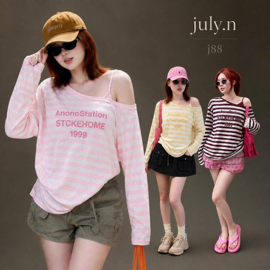 Áo Thun Kẻ Lệch Vai July.N – Tay Dài, Form Nữ Tính, Thời Trang Hàn Quốc