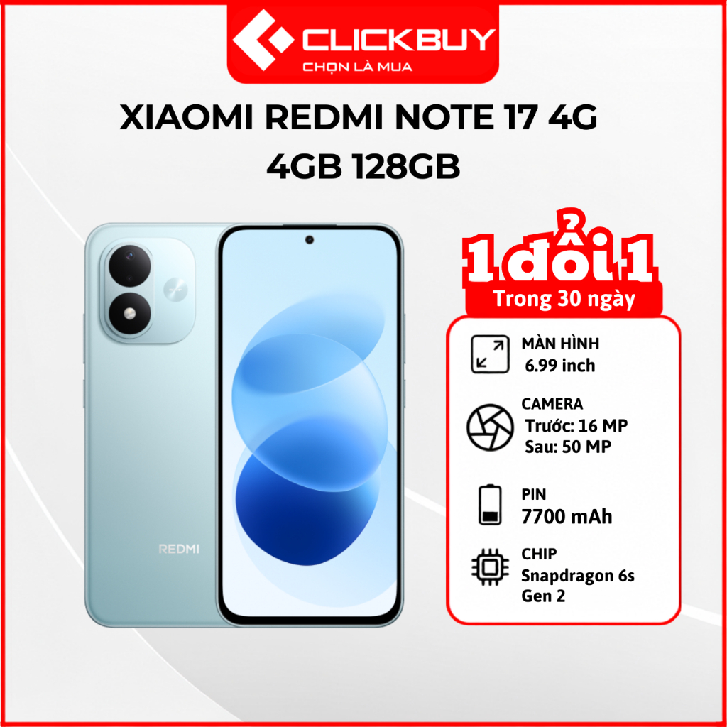 Điện Thoại Xiaomi Redmi Note 17 4G 4GB 128GB Màn Hình FHD+ 6.99 Inch Pin 7700mAh Chính Hãng