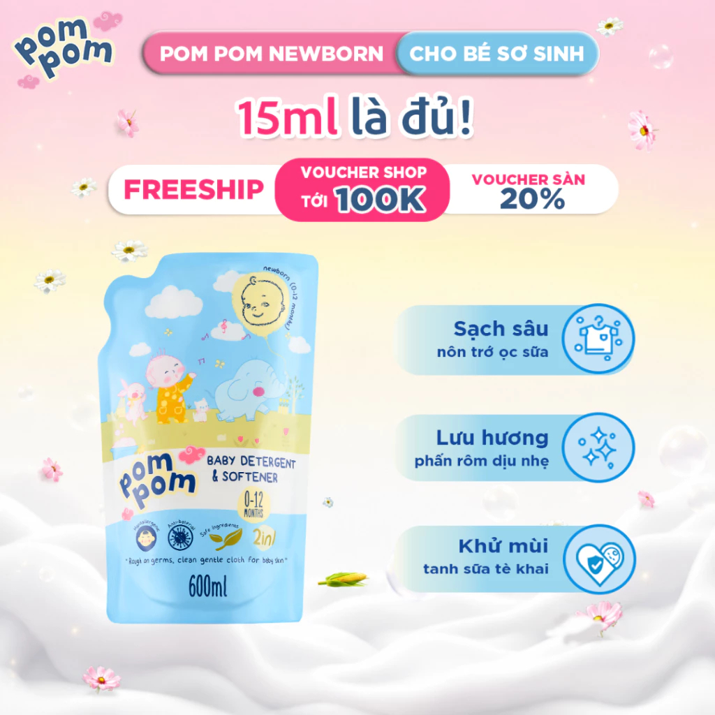 [NEWBORN - SƠ SINH] [600ML] Nước Giặt Xả Pom Pom 2in1 Hương Phấn Rôm Sạch Vết Nôn Trớ, Dịu Nhẹ Cho Da Bé 15ml Là Đủ
