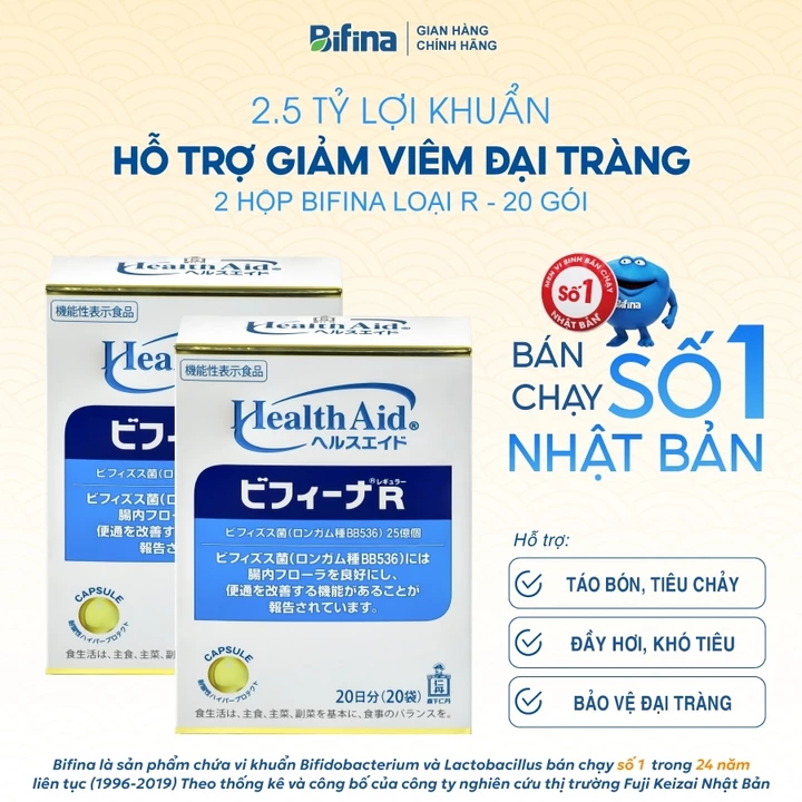 [Combo 2 hộp] Men vi sinh Bifina Nhật Bản – Loại R 20 gói - Hỗ trợ giảm viêm đại tràng, táo bón